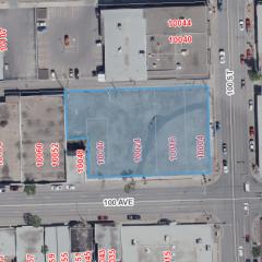 Aerial view of lots for sale. The lots are highlighted in a blue square.
