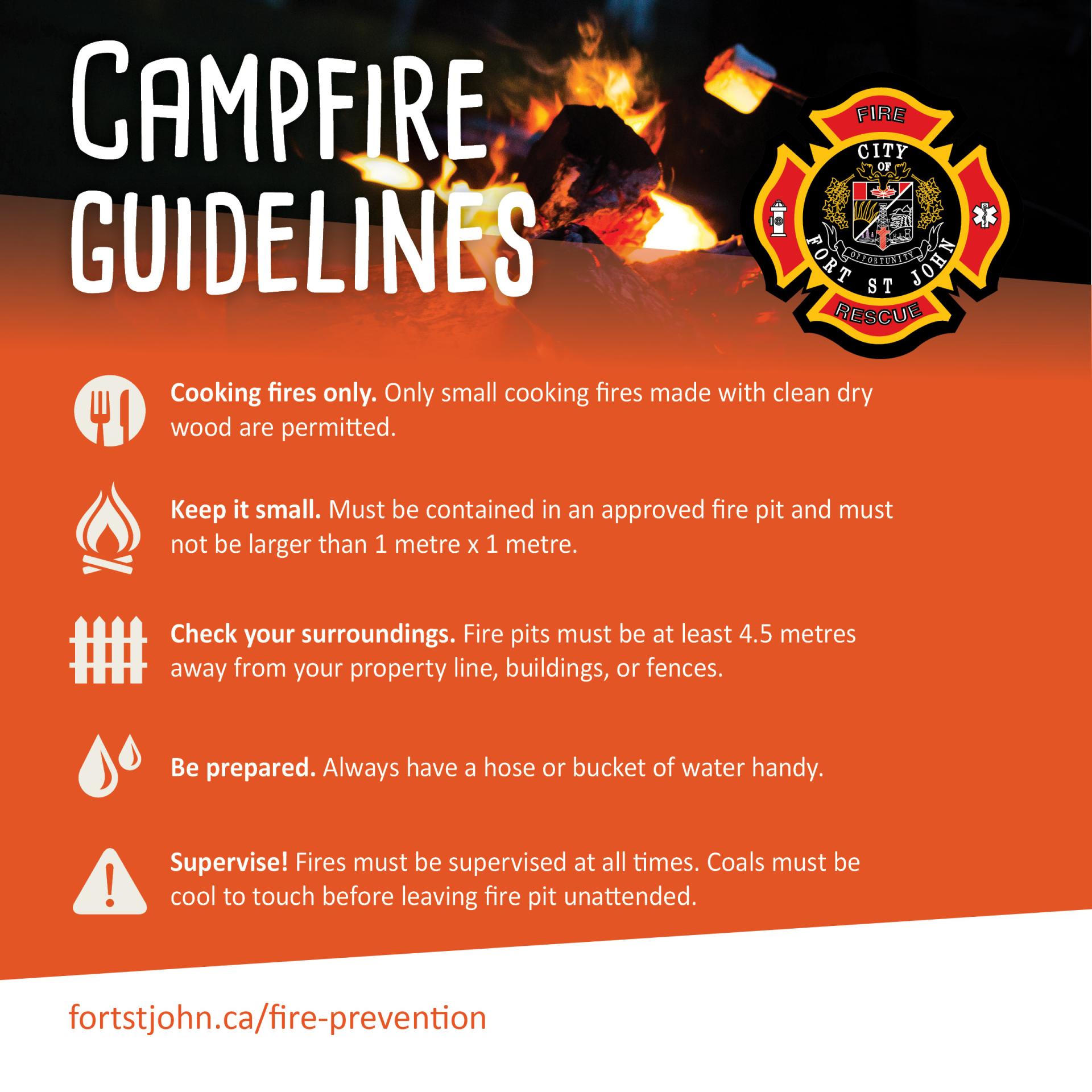 Camp guidelines banner detailing how to carefully tend campfires.