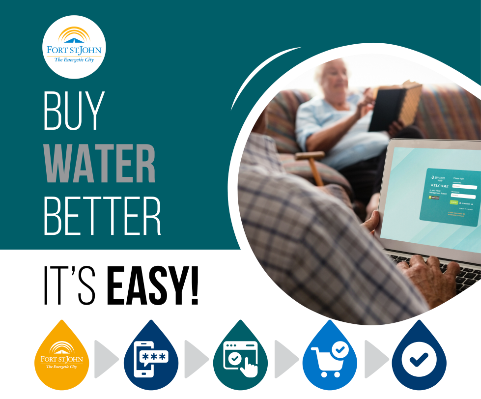 Graphic promoting how buying water online through Fort St Johns online system.