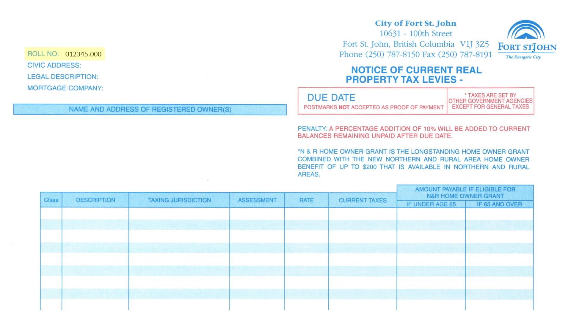 Example of Fort St. John tax notice.